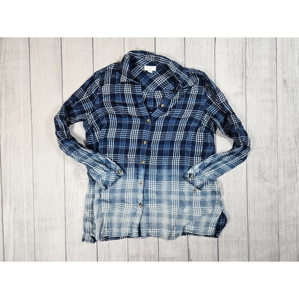 J. Jill Button Front Shirt Womens Small Blue White Plaid Cotton Ombre Tunic - Picture 2 of 9